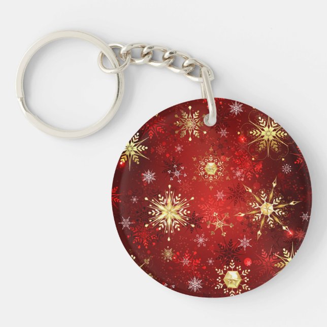 Christmas Golden Snowflakes on Red Background Keychain (Front)