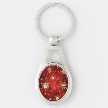 Christmas Golden Snowflakes On Red Background Keychain by Blackmoon9 at Zazzle