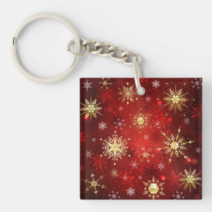 Christmas Golden Snowflakes on Red Background Keychain