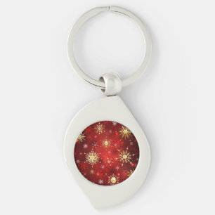 Christmas Golden Snowflakes on Red Background Keychain