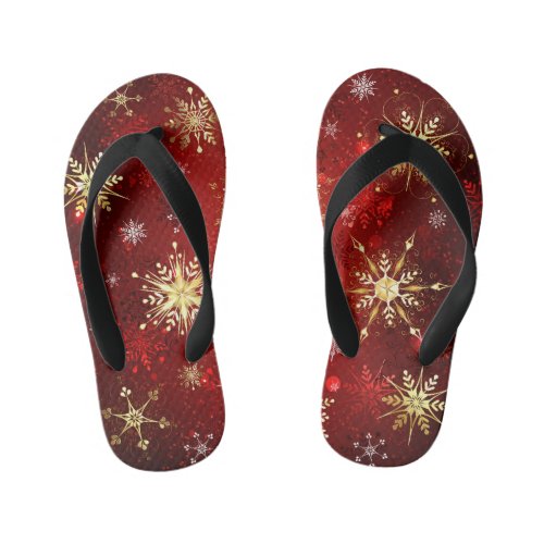 Christmas Golden Snowflakes on Red Background Kids Flip Flops