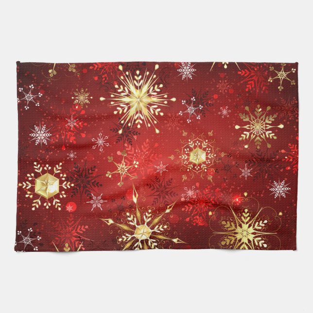 Christmas Golden Snowflakes on Red Background Kitchen Towel (Horizontal)