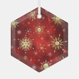 Christmas Golden Snowflakes on Red Background Labe Glass Ornament