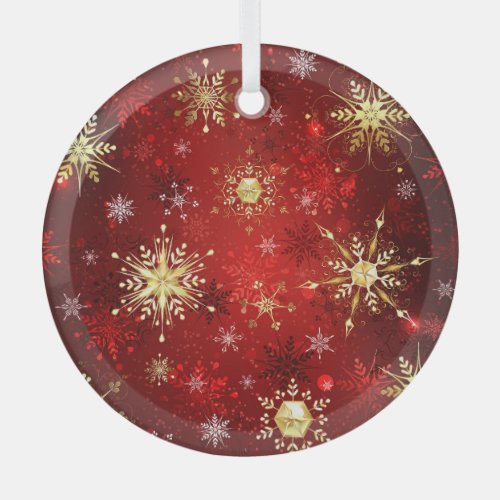 Christmas Golden Snowflakes on Red Background Labe Glass Ornament