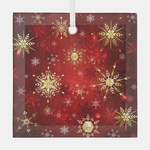 Christmas Golden Snowflakes on Red Background Labe Glass Ornament