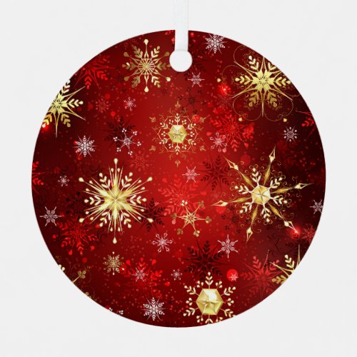 Christmas Golden Snowflakes on Red Background Labe Metal Ornament