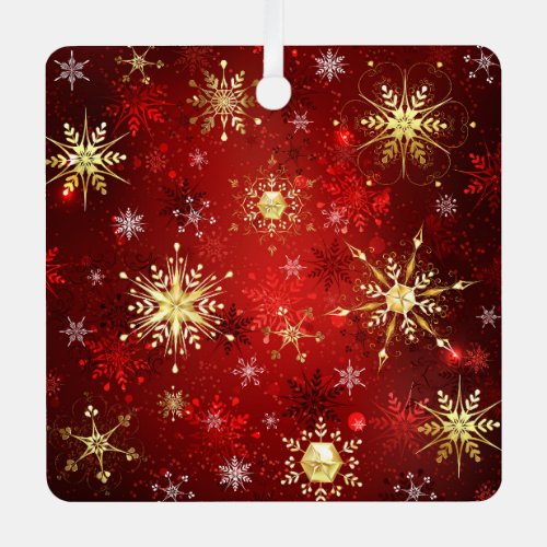 Christmas Golden Snowflakes on Red Background Labe Metal Ornament