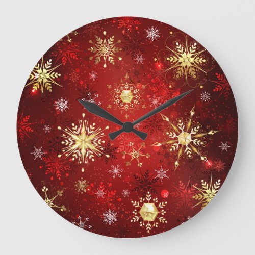 Christmas Golden Snowflakes on Red Background Large Clock