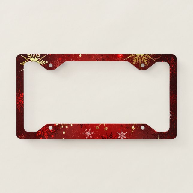 Christmas Golden Snowflakes on Red Background License Plate Frame (Front)