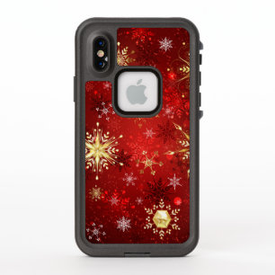 Christmas Golden Snowflakes on Red Background