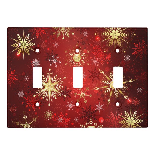 Christmas Golden Snowflakes on Red Background Light Switch Cover (Front)