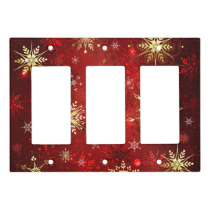 Christmas Golden Snowflakes on Red Background Light Switch Cover