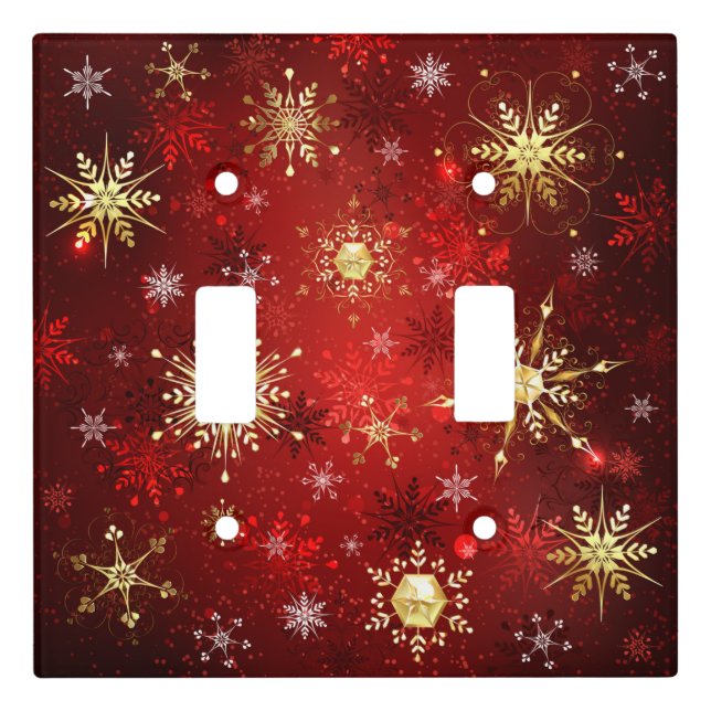 Christmas Golden Snowflakes on Red Background Light Switch Cover (Front)