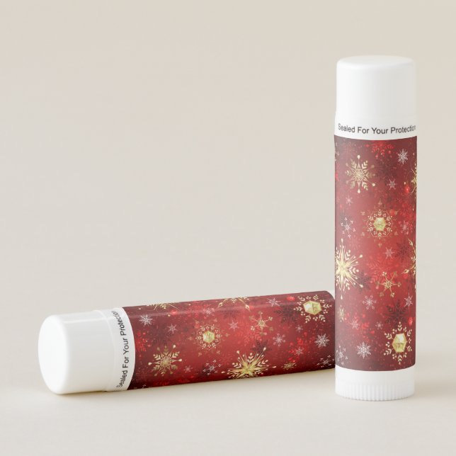 Christmas Golden Snowflakes on Red Background Lip Balm (Front)