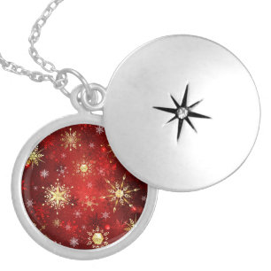 Christmas Golden Snowflakes on Red Background Locket Necklace