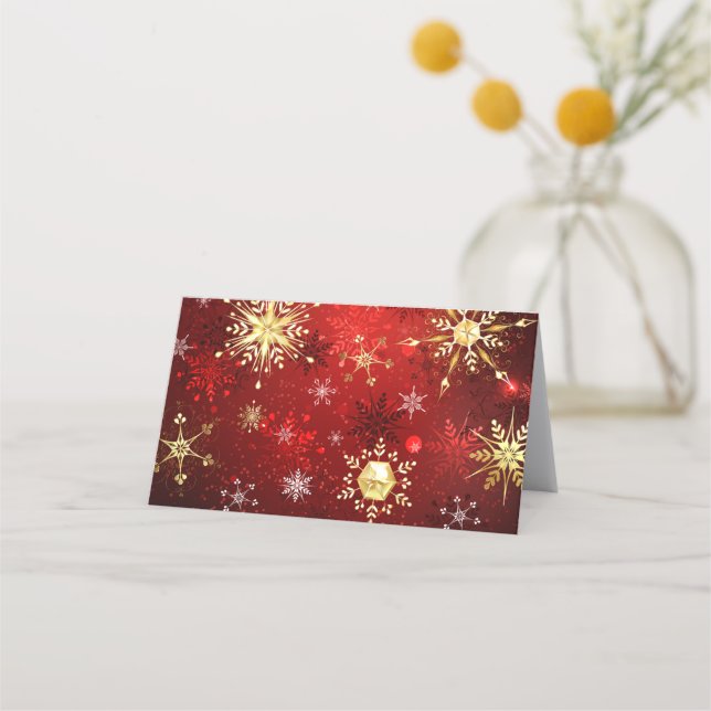 Christmas Golden Snowflakes on Red Background Loyalty Card (Front)