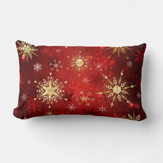 Christmas Golden Snowflakes on Red Background Lumbar Pillow (Front)