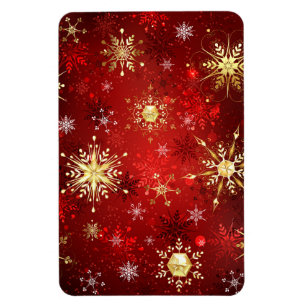 Christmas Golden Snowflakes on Red Background Magnet