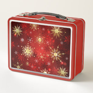 Christmas Golden Snowflakes on Red Background Metal Lunch Box