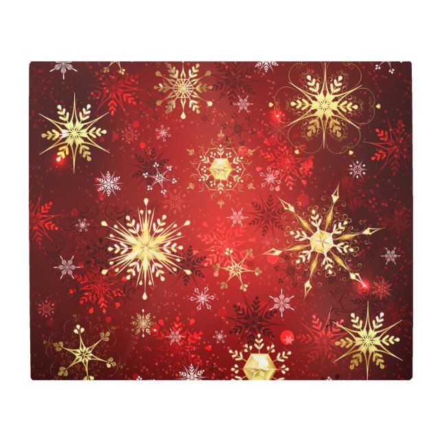 Christmas Golden Snowflakes on Red Background Metal Print (Front)