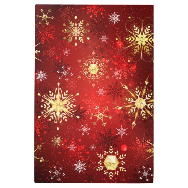 Christmas Golden Snowflakes on Red Background Metal Print (Front)