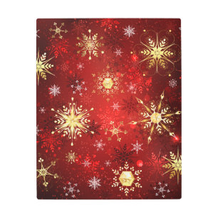 Christmas Golden Snowflakes on Red Background Metal Print