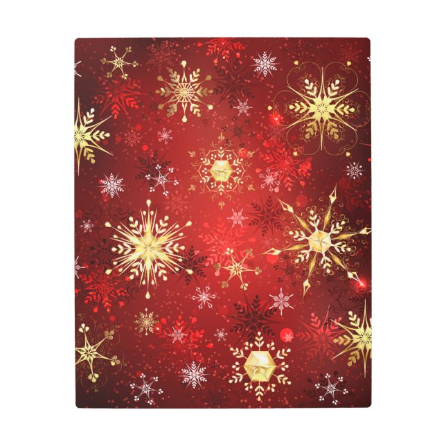Christmas Golden Snowflakes on Red Background Metal Print (Front)