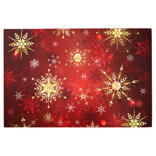 Christmas Golden Snowflakes on Red Background Metal Print
