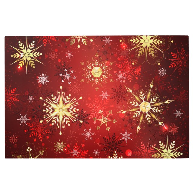 Christmas Golden Snowflakes on Red Background Metal Print (Front)