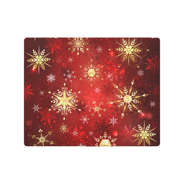 Christmas Golden Snowflakes on Red Background Metal Print (Front)