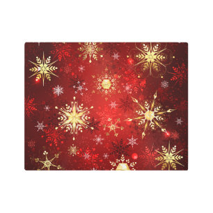 Christmas Golden Snowflakes on Red Background Metal Print