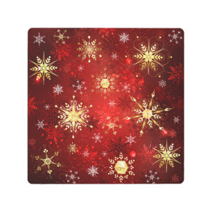 Christmas Golden Snowflakes on Red Background Metal Print