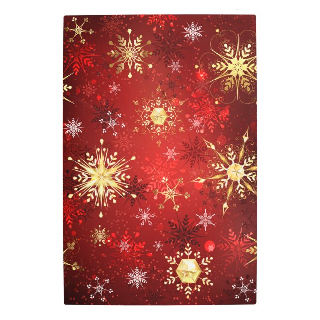 Christmas Golden Snowflakes on Red Background Metal Print (Front)