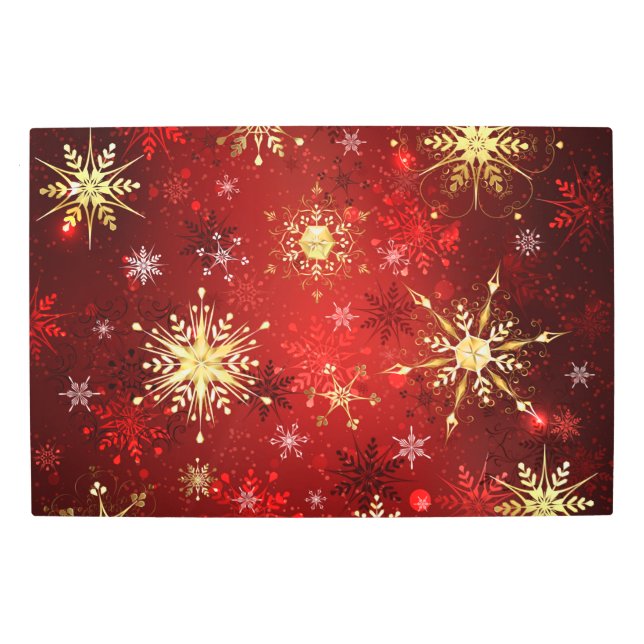 Christmas Golden Snowflakes on Red Background Metal Print (Front)