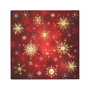 Christmas Golden Snowflakes on Red Background Metal Print
