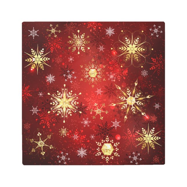 Christmas Golden Snowflakes on Red Background Metal Print (Front)