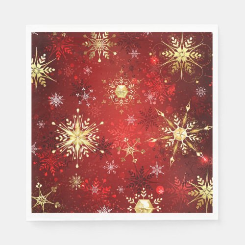 Christmas Golden Snowflakes on Red Background Napkins