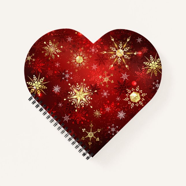 Christmas Golden Snowflakes on Red Background Notebook (Front)