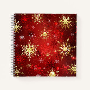 Christmas Golden Snowflakes on Red Background Notebook