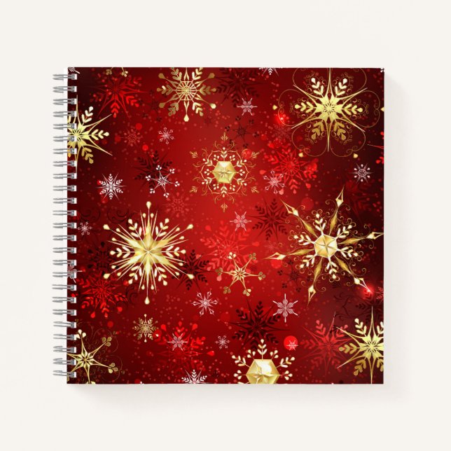 Christmas Golden Snowflakes on Red Background Notebook (Front)