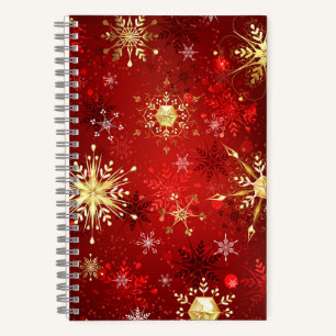 Christmas Golden Snowflakes on Red Background Notebook