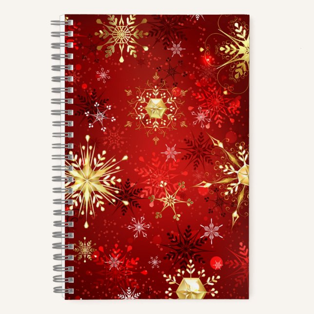 Christmas Golden Snowflakes on Red Background Notebook (Front)