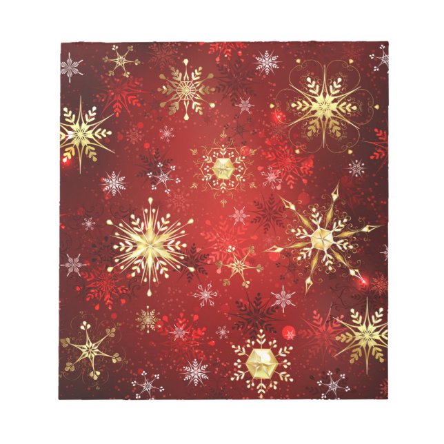 Christmas Golden Snowflakes on Red Background Notepad (Front)