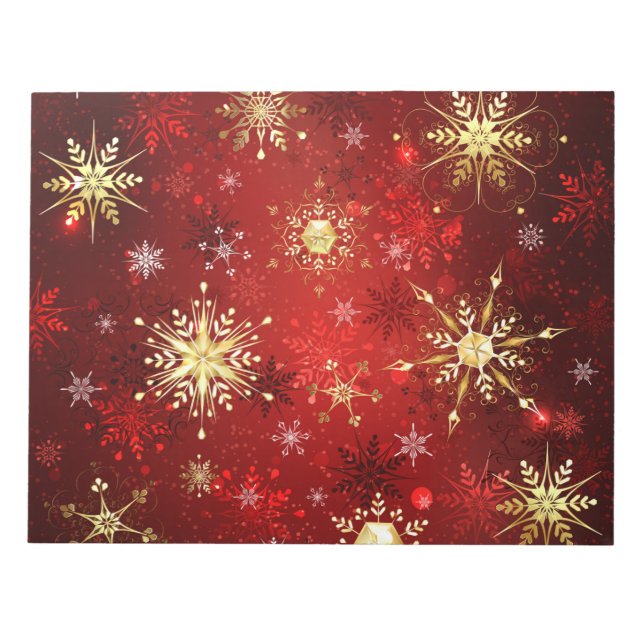 Christmas Golden Snowflakes on Red Background Notepad (Front)