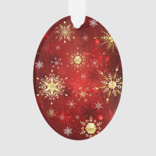 Christmas Golden Snowflakes on Red Background Ornament