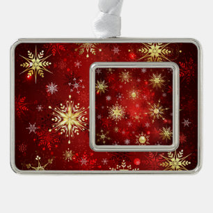 Christmas Golden Snowflakes on Red Background Ornament