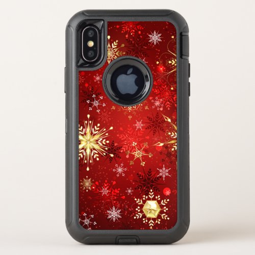 Christmas Golden Snowflakes on Red Background OtterBox Defender iPhone XS Case