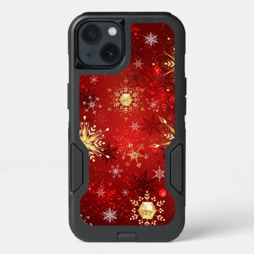 Christmas Golden Snowflakes on Red Background iPhone 13 Case