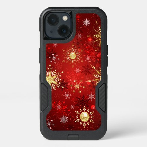 Christmas Golden Snowflakes on Red Background iPhone 13 Case