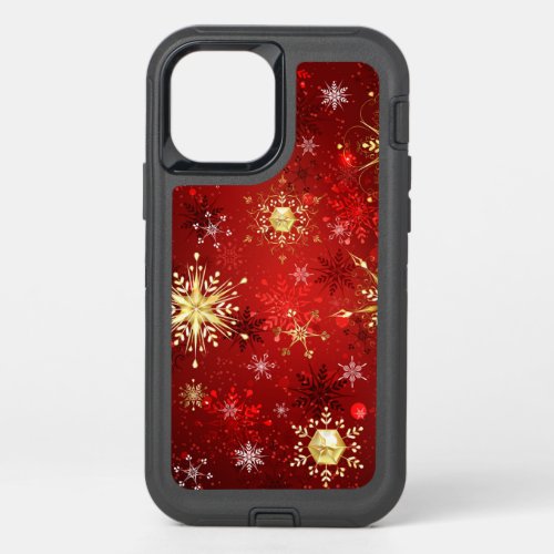 Christmas Golden Snowflakes on Red Background OtterBox Defender iPhone 12 Case